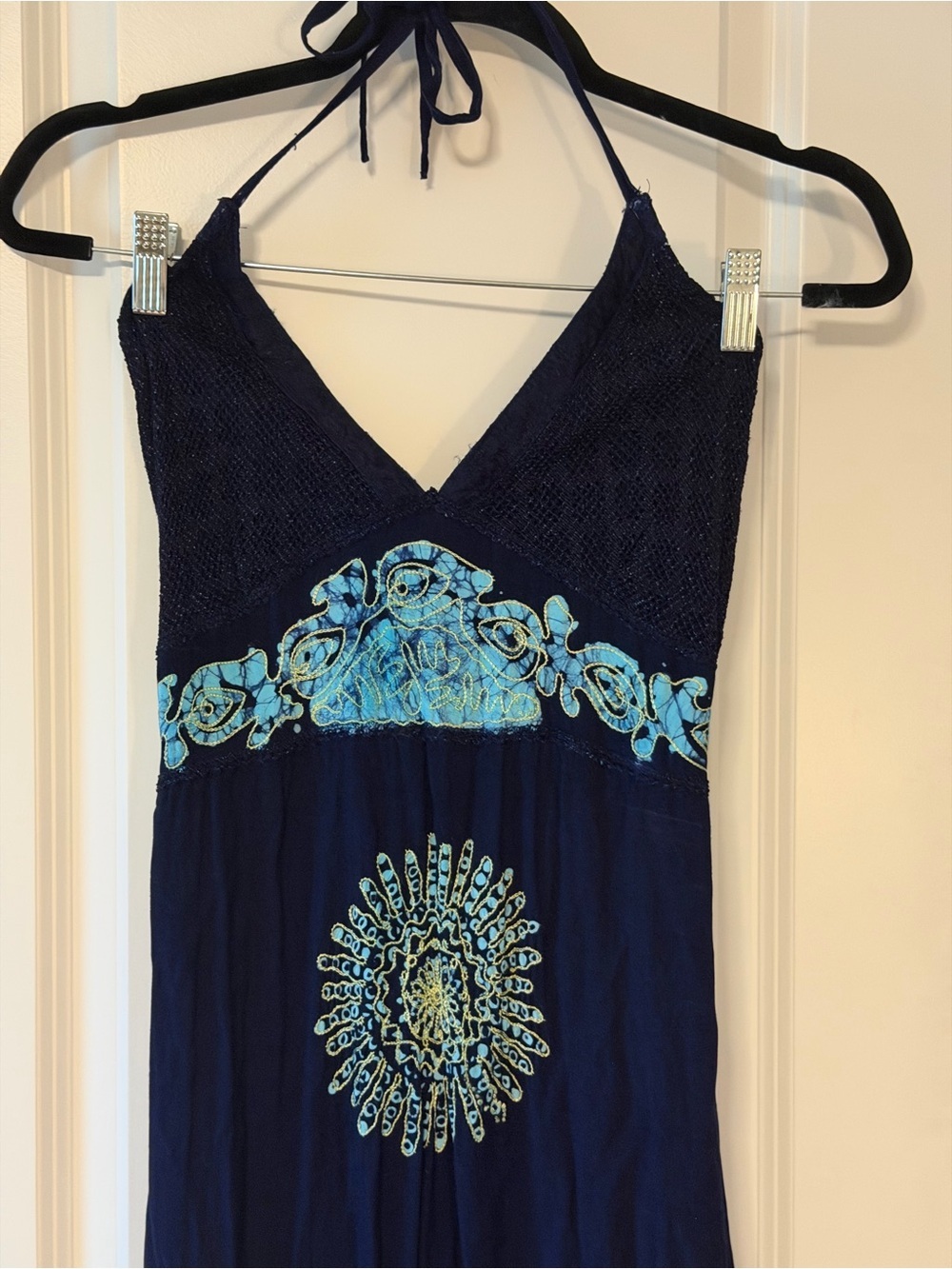 Women’s Navy Blue Halter Maxi Dress with Turquoise Embroidery